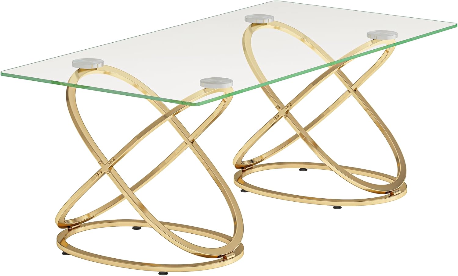 47' Rectangle Coffee Table with Tempered Glass Tabletop, Modern Gold Ring Base, Luxury Living Room Center Table