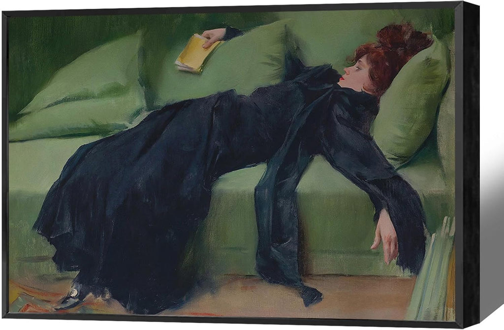 Vintage Decadent Young Woman After The Dance Posters Preppy Style Victorian Canvas Wall Art Interesting Green Sofa Aesthetic Prints Painting For Home Bedroom Dorm Wall Decor 24X36in Black Frame