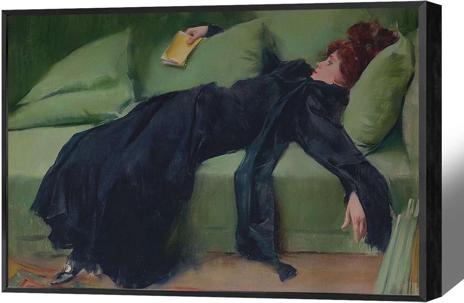 Vintage Decadent Young Woman After The Dance Posters Preppy Style Victorian Canvas Wall Art Interesting Green Sofa Aesthetic Prints Painting For Home Bedroom Dorm Wall Decor 24X36in Black Frame