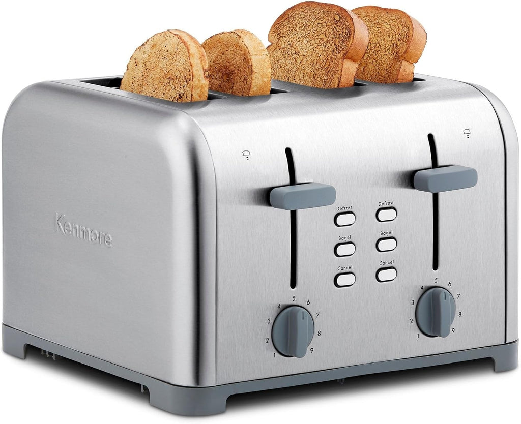 Kenmore Toaster 4 Slice - Extra Wide Slot Countertop Kitchen Appliance, Defrost Function, Grille-Pain, 9 Shade Settings, Compact Design, Easy Clean Crumb Tray, Bread Bagel, Stainless Steel