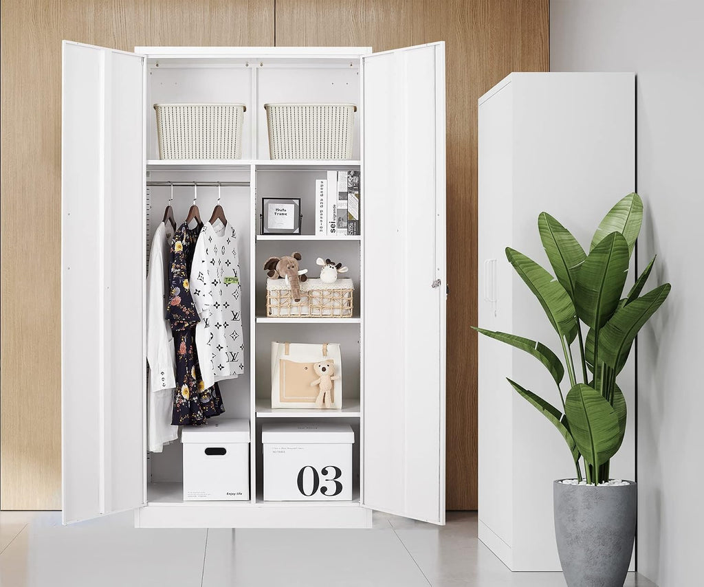 MIIIKO Steel Wardrobe Cabinet with 2 Doors, White Metal Locker Cabinet for Storage with Hanging Rod and 4 Shelves, Lockable Metal Closet for Bedroom, Cloakroom and Home Office