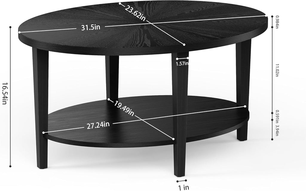 Solid Wood Oval Coffee Table for Living Room, 2 Tier Oval Rustic Coffee Table with Storage Shelf, Double Layer Center Table for Living Room, Easy Assembly Black