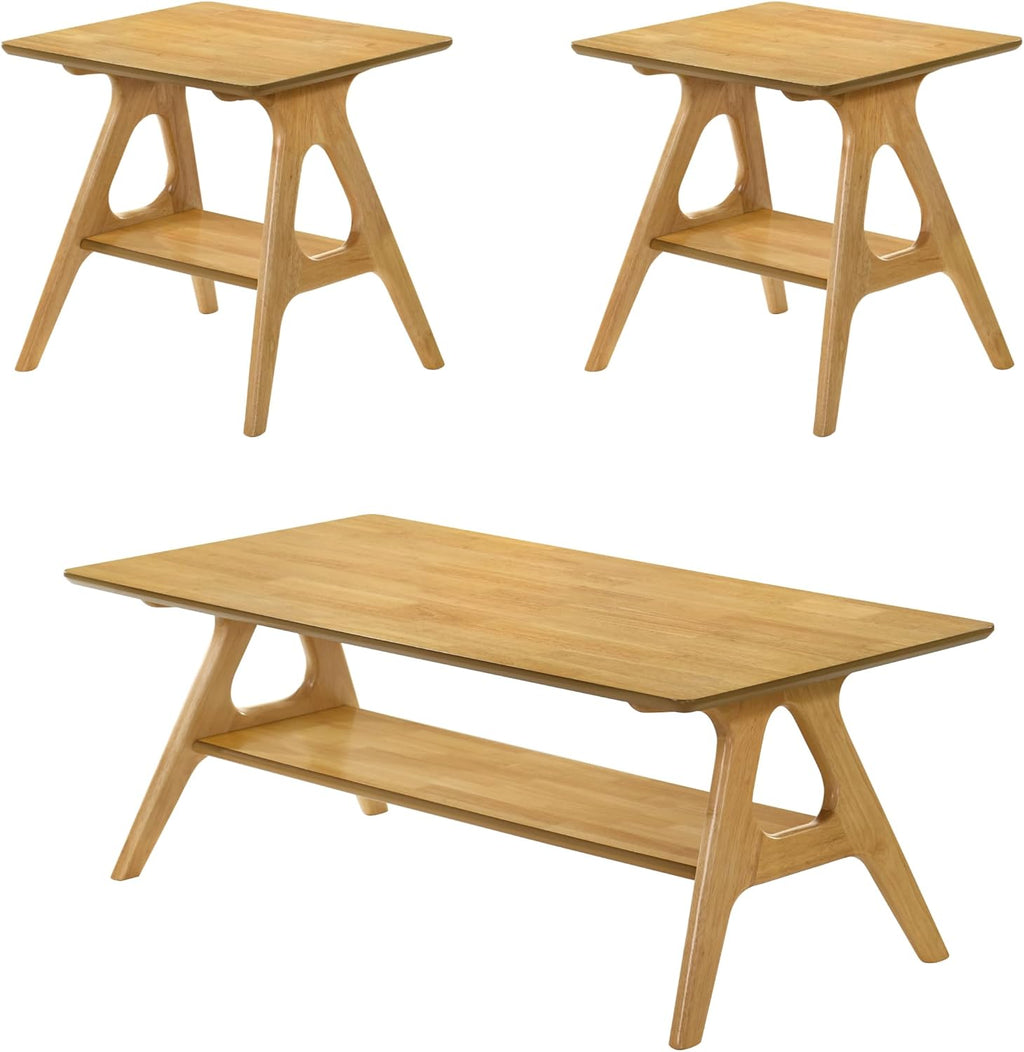 Roundhill Furniture Arona 3-Piece Coffee Table Set, Coffee Table and Two End Tables, Natural Oak Finish