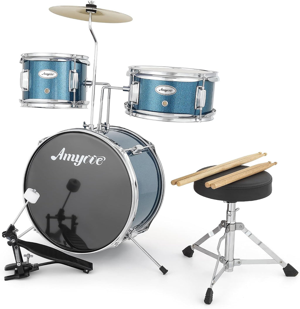 3-Piece Junior Drum Set, 14' Blue Complete Kids Drum Kit with Bass Drum, Snare, Tom, Cymbal, Throne & Sticks, for Ages 3-8 Beginners (Blue)