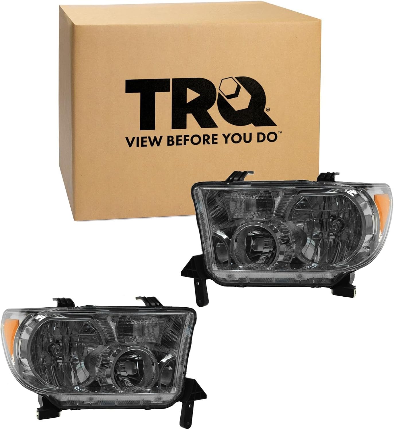 TRQ Driver and Passenger Side Headlight Assembly Set Chrome Housing Compatible with 2007-09 Toyota Tundra 2010-13 Toyota Tundra without Automatic Leveling Headlights 2008-17 Sequoia