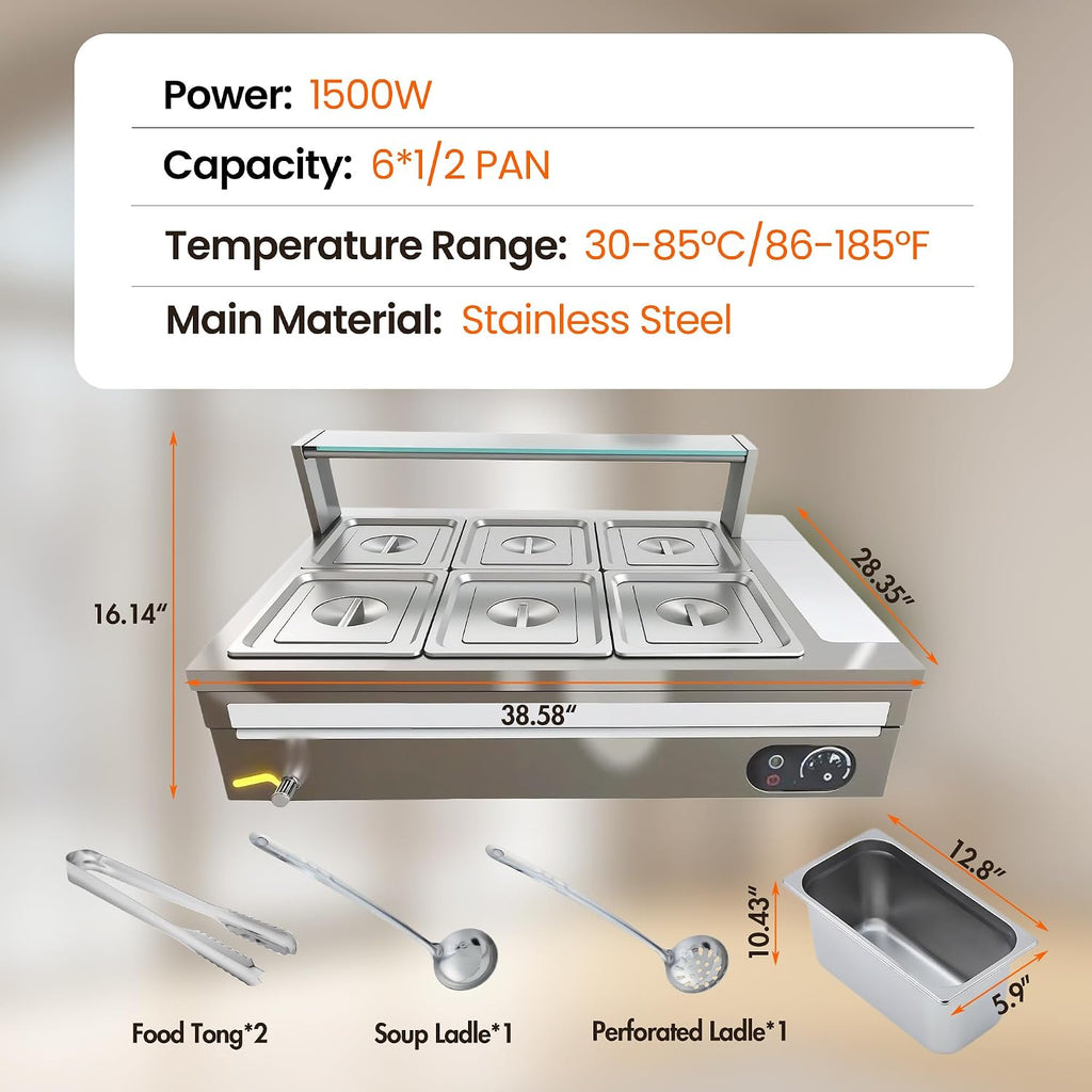 6-Pan Commercial Food Warmer, 72 Qt Electric Steam Table, Stainless Steel Bain Marie with Tempered Glass Cover, 1500W Countertop Food Warmer 86-185°F Temp Control for Catering, Restaurant, Silver