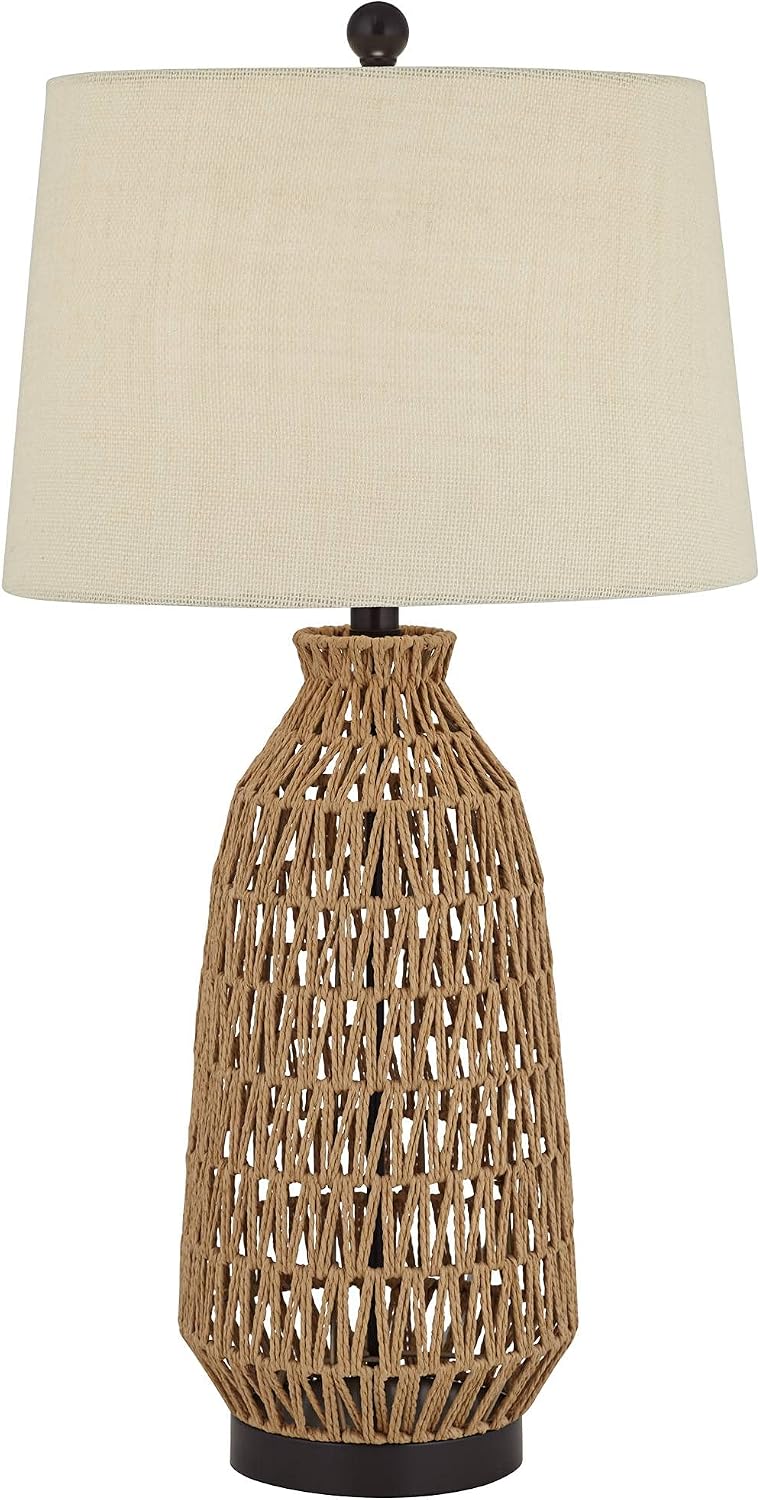 360 Lighting San Carlos Coastal Cottage Core Modern Table Lamp 29' Tall Natural Rattan Wicker Bronze Oatmeal Fabric Tapered Drum Shade for Bedroom Living Room House Home Bedside Nightstand Office
