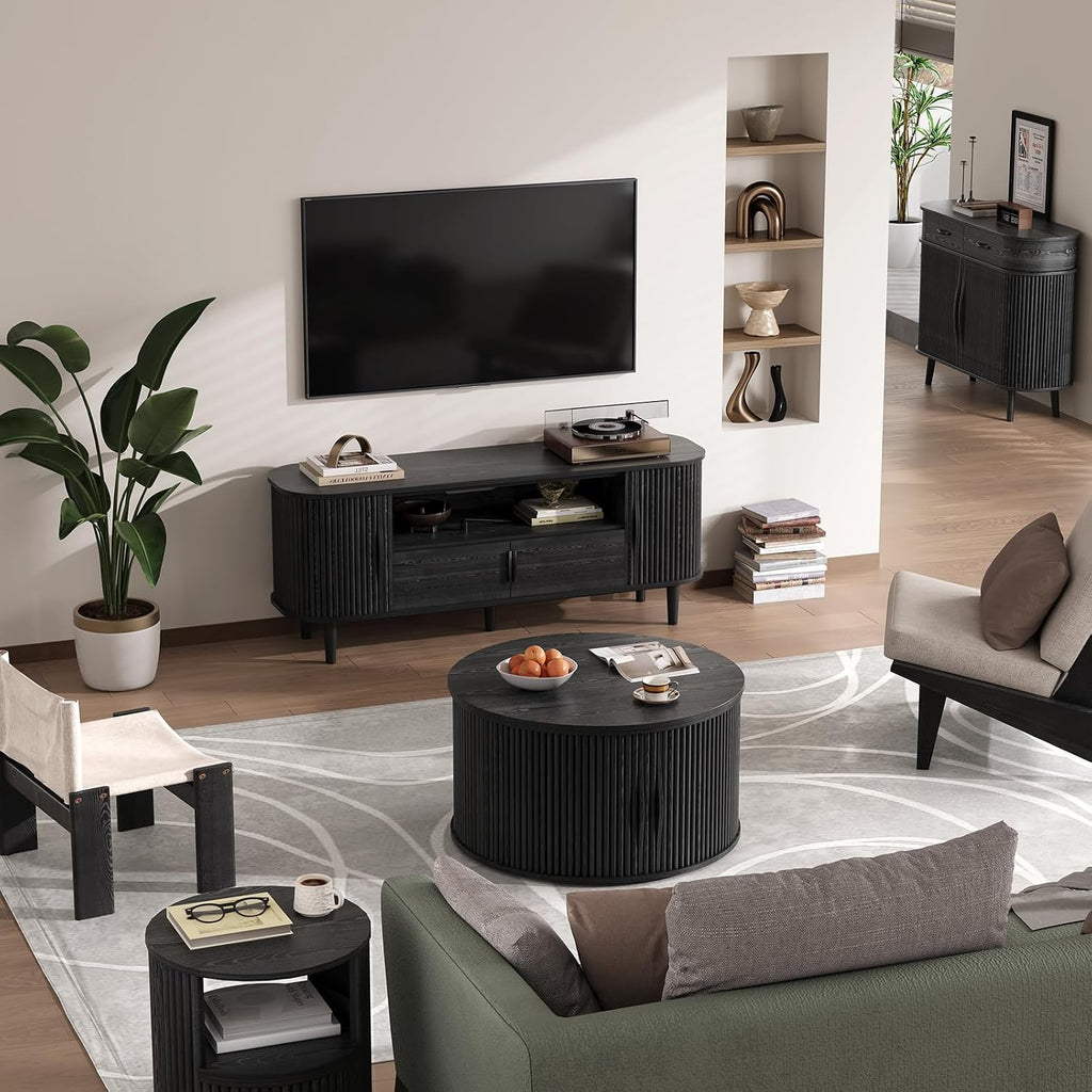 Round Lift Top Coffee Table, 31.5' Mid Century Modern Center Table with Hidden Storage, Fluted Circle Coffee Tables for Living Room, Home Office, Black