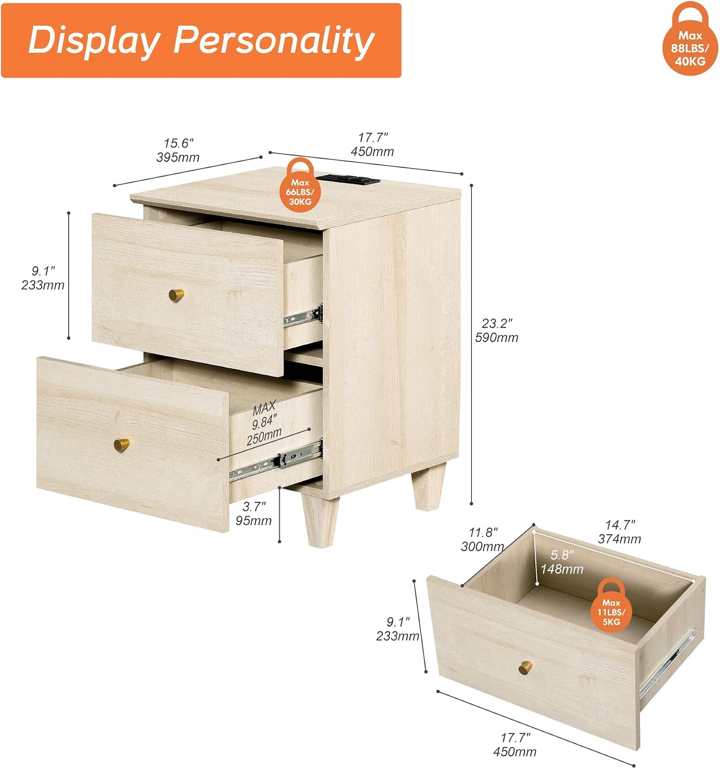 WAMPAT Nightstands with Charging Station & 2 Drawers, Set of 2 Modern Mid-Century End Tables Wooden Bedside Table for Living Room, Bedroom Storage, Light Oak
