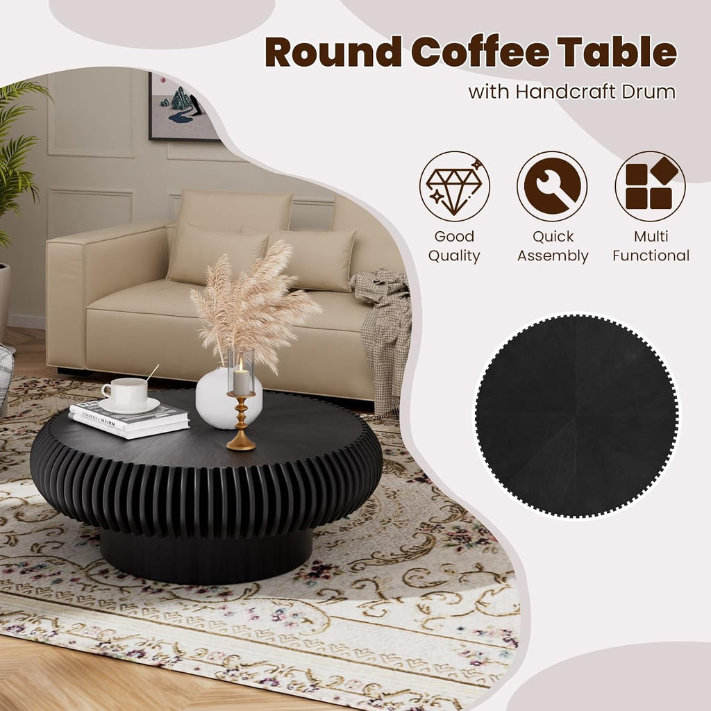 Round Drum Coffee Table for Living Room, Mid Century Modern Coffee Table with Sturdy Pedestal, Farmhouse Fluted Circle Center Table Accent Tea Table for Apartment (31.5' Black)