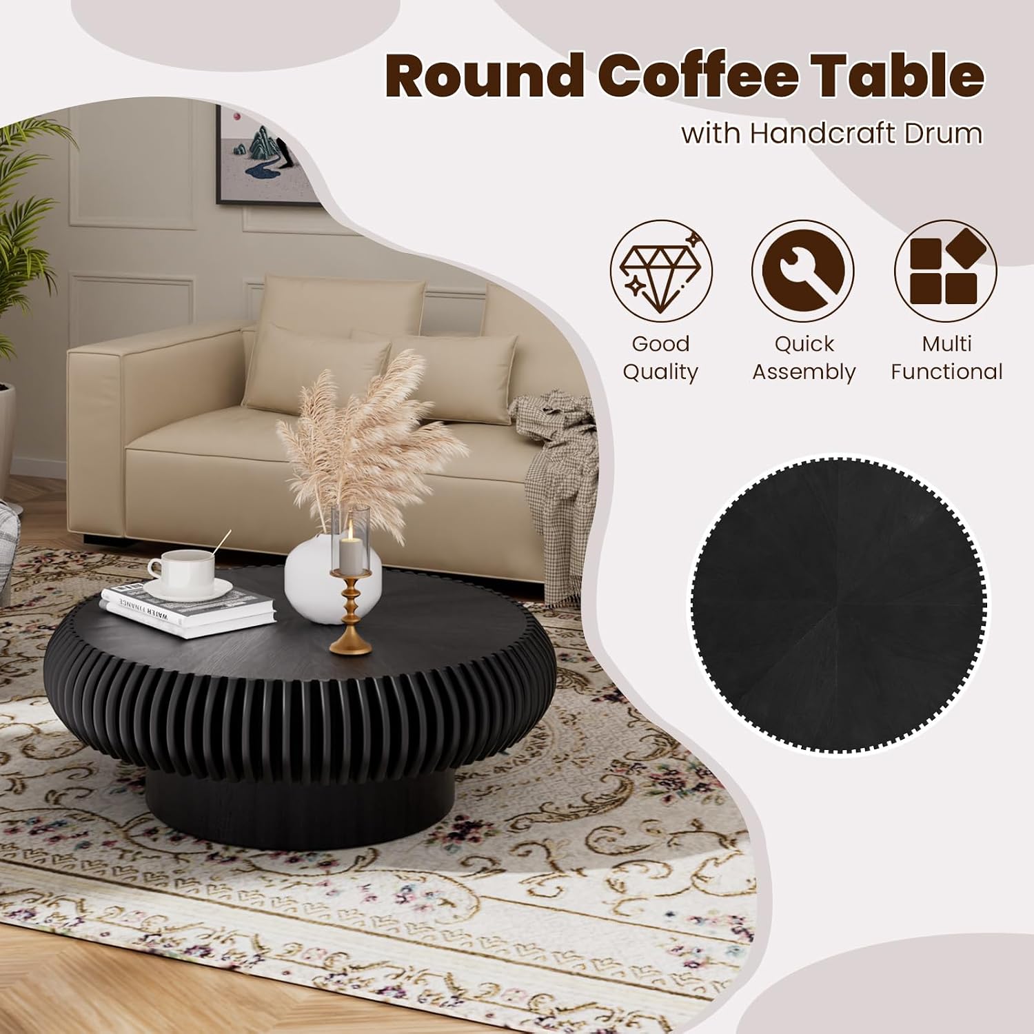 Round Drum Coffee Table for Living Room, Mid Century Modern Coffee Table with Sturdy Pedestal, Farmhouse Fluted Circle Center Table Accent Tea Table for Apartment (31.5' Black)