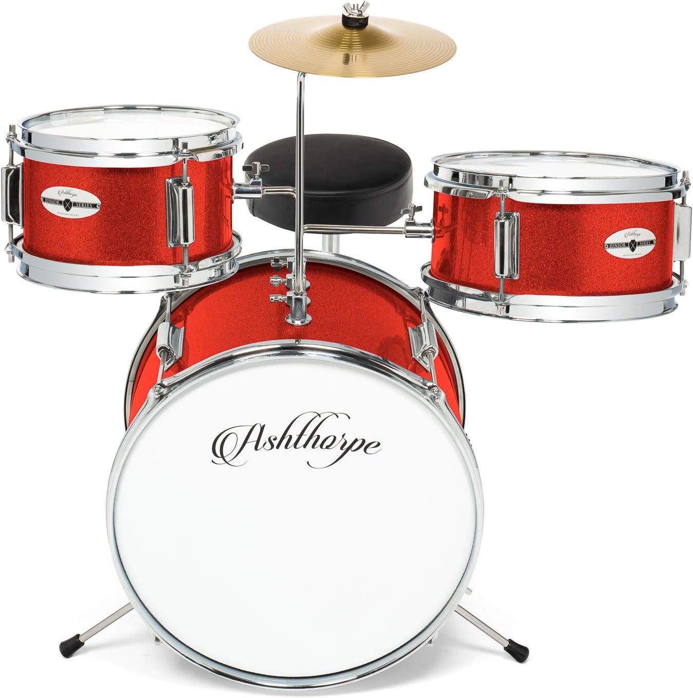 Ashthorpe 3-Piece Complete Kids Drum Set - Beginner Kit with 14' Bass, Adjustable Throne, Cymbal, Pedal & Drumsticks - Red