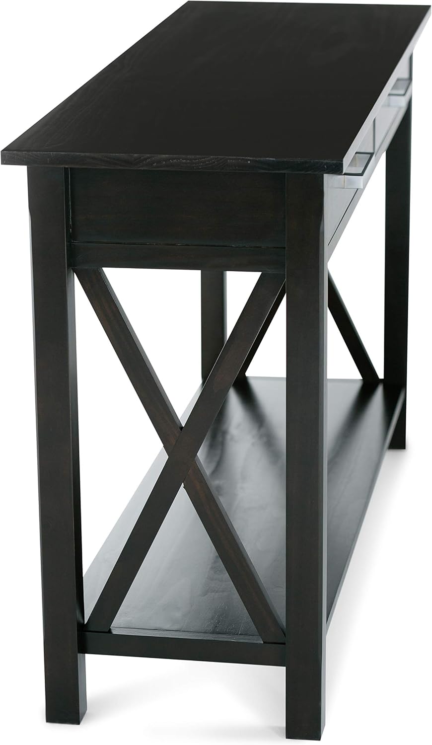 SIMPLIHOME Kitchener Console Table - 47 Inch Wide Solid Wood Sofa Table in Hickory Brown, Contemporary Storage Table for Entryway or Living Room with 2 Drawers, Bottom Shelf, and X-Design Side Panels
