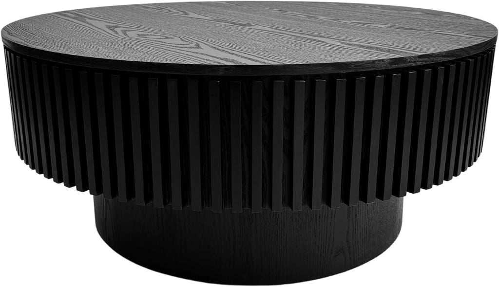 31.5'' Round Coffee Table with Storage, Modern Luxury Circle Drum Center Tables with Solid Wood Veneered, Accent Side Coffee Table for Living Room, Bedroom, Apartment-Black