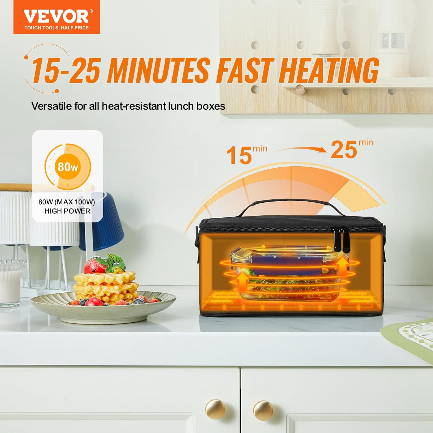 VEVOR 3-in-1 Portable Oven, 12V/24V/110-120V Portable Food Warmer, 80W (Max 100W) Portable Mini Personal Microwave, 2QT Electric Heated Lunch Box for Car, Truck, Travel, Office, Home (Black)