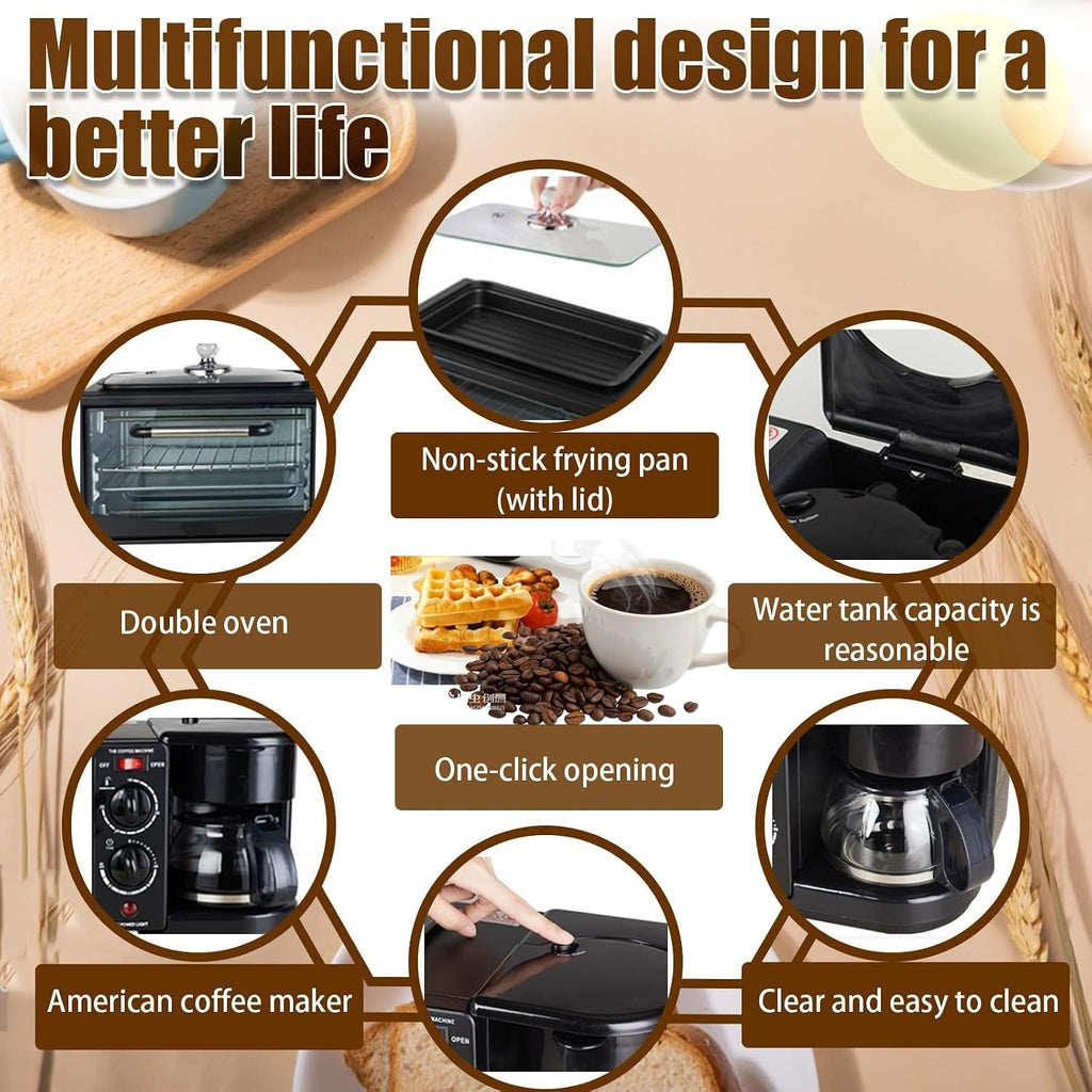 Breakfast Center 4-in-1 with Coffee Maker, Non-stick Skillet, 7L Toaster Oven and Dual Heating Elements, Compact Kitchen Appliance for Apartments and Dorm Living