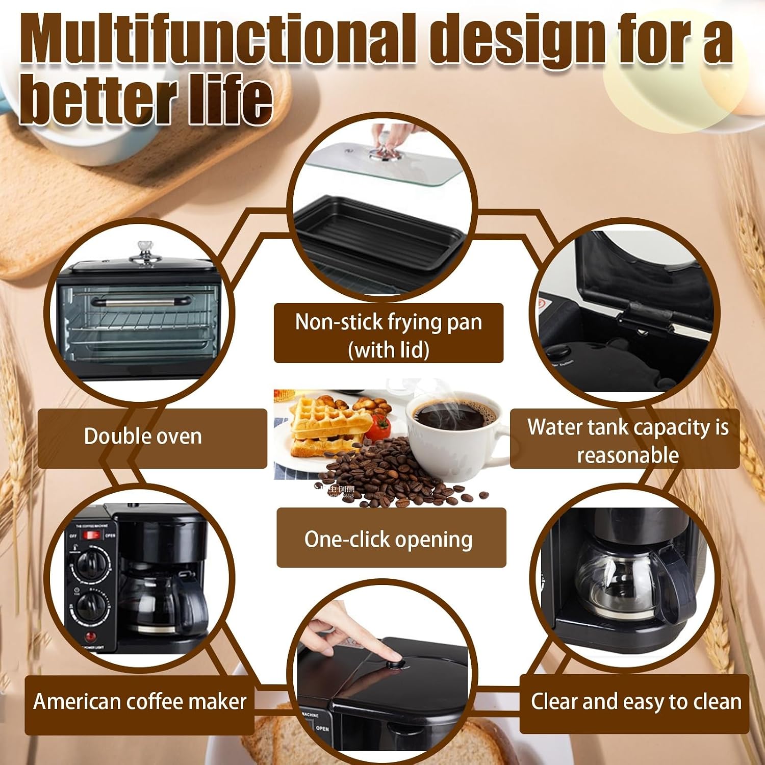 Breakfast Center 4-in-1 with Coffee Maker, Non-stick Skillet, 7L Toaster Oven and Dual Heating Elements, Compact Kitchen Appliance for Apartments and Dorm Living