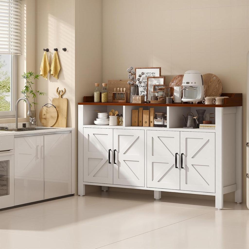 VVFLU Buffet Cabinet with Storage Farmhouse with 4 Doors and 3 Open Compartments, 55'' Large Kitchen Storage Cabinet White Wood Coffee Bar Buffet Sideboard for Kitchen, Dining Room, Living Room