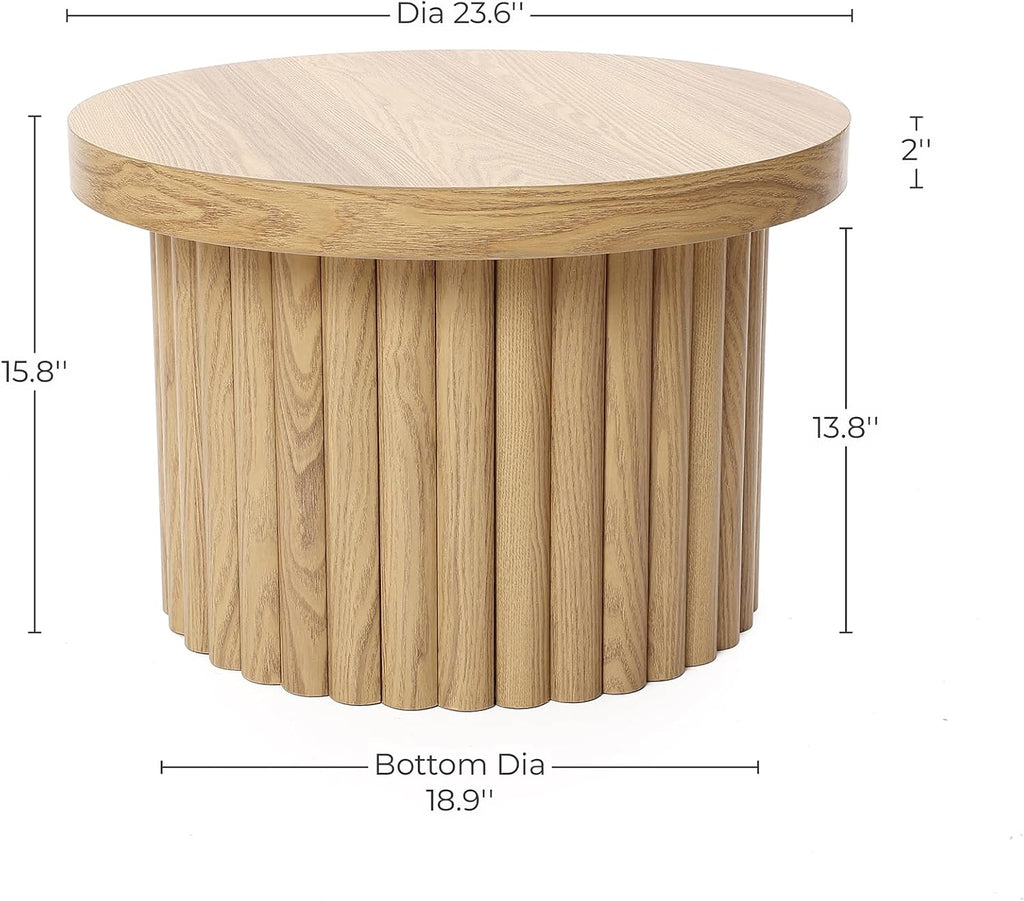 LuxenHome 23.5' Small Round Coffee Table, Wooden Fluted Oak Accent Table, Modern Side Tables for Living Room