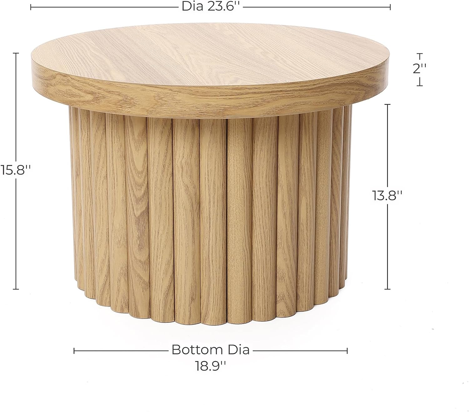 LuxenHome 23.5' Small Round Coffee Table, Wooden Fluted Oak Accent Table, Modern Side Tables for Living Room
