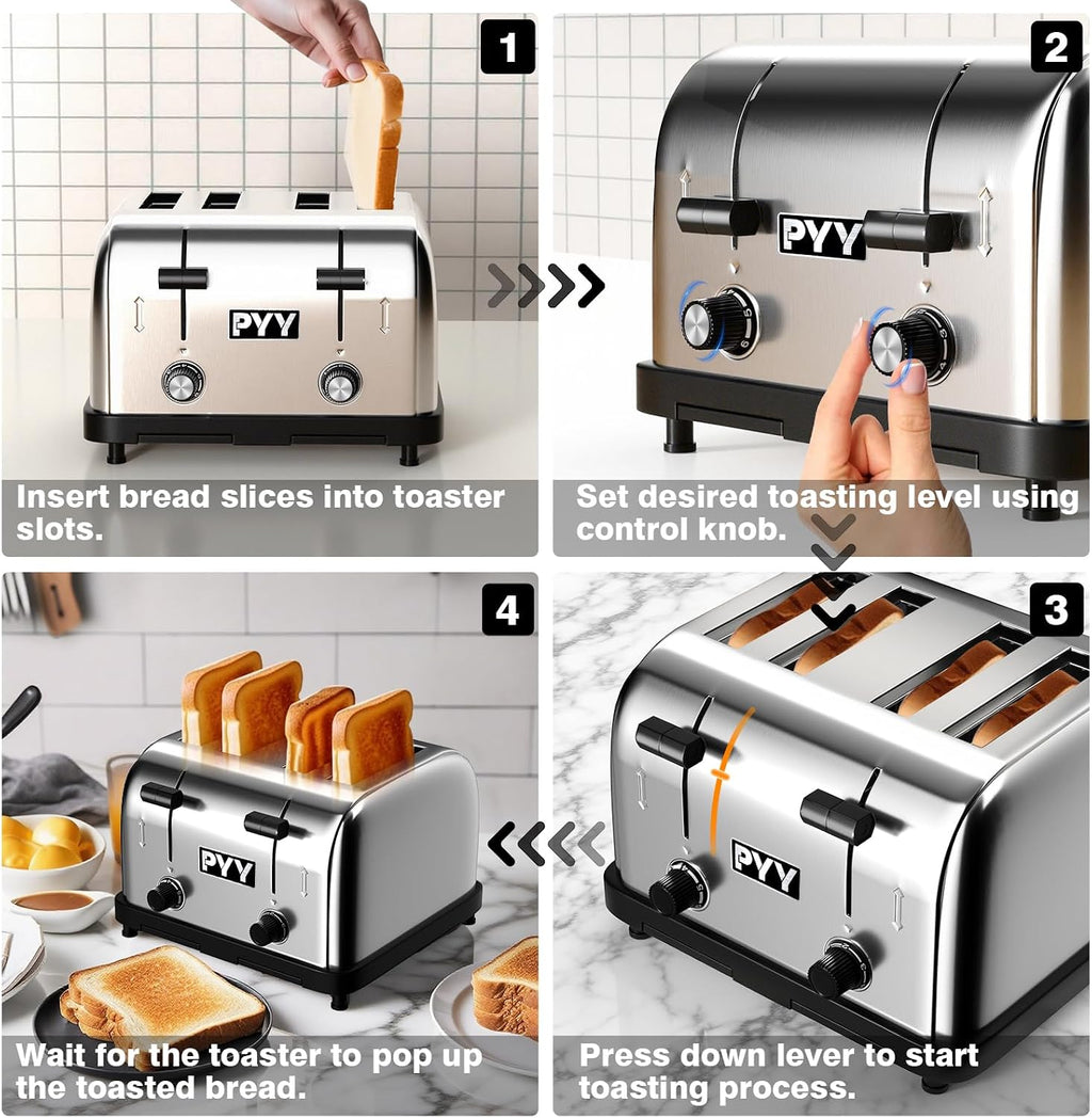 PYY Professional Commercial Toaster 4 Slice - 1800W Stainless Steel Heavy Duty Toaster, 6 Browning Levels, 1.57' Wide Slots, Removable Crumb Tray for Bagels Bread Waffles (Commercial & Home Use)