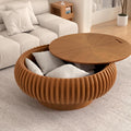 Fluted Round Coffee Table with Storage, 31.5' Modern Drum Wood Coffee Tables with Sturdy Base, Unique Circle Center Tea Table for Living Room Apartment Small Spaces (31.49' Brown with Storage)