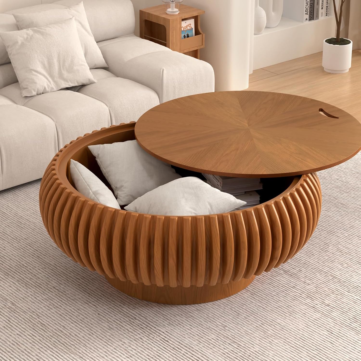 Fluted Round Coffee Table with Storage, 31.5' Modern Drum Wood Coffee Tables with Sturdy Base, Unique Circle Center Tea Table for Living Room Apartment Small Spaces (31.49' Brown with Storage)