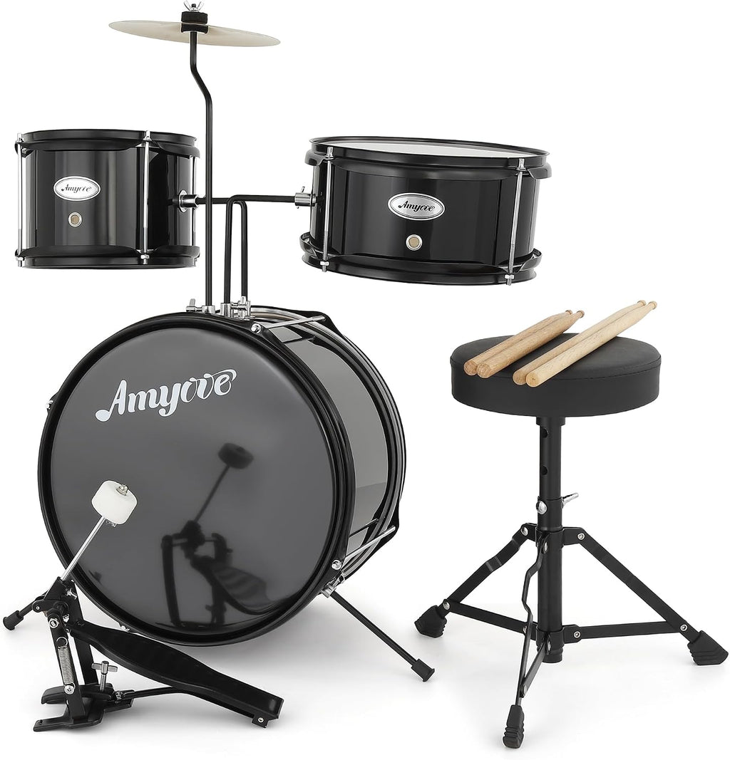 Three Drum Set - Wooden/Metal Construction, Play Music,Throne Stool, Cymbal, Drum Sticks, Bass Drum Pedal,for Beginners