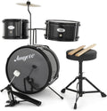 Three Drum Set - Wooden/Metal Construction, Play Music,Throne Stool, Cymbal, Drum Sticks, Bass Drum Pedal,for Beginners