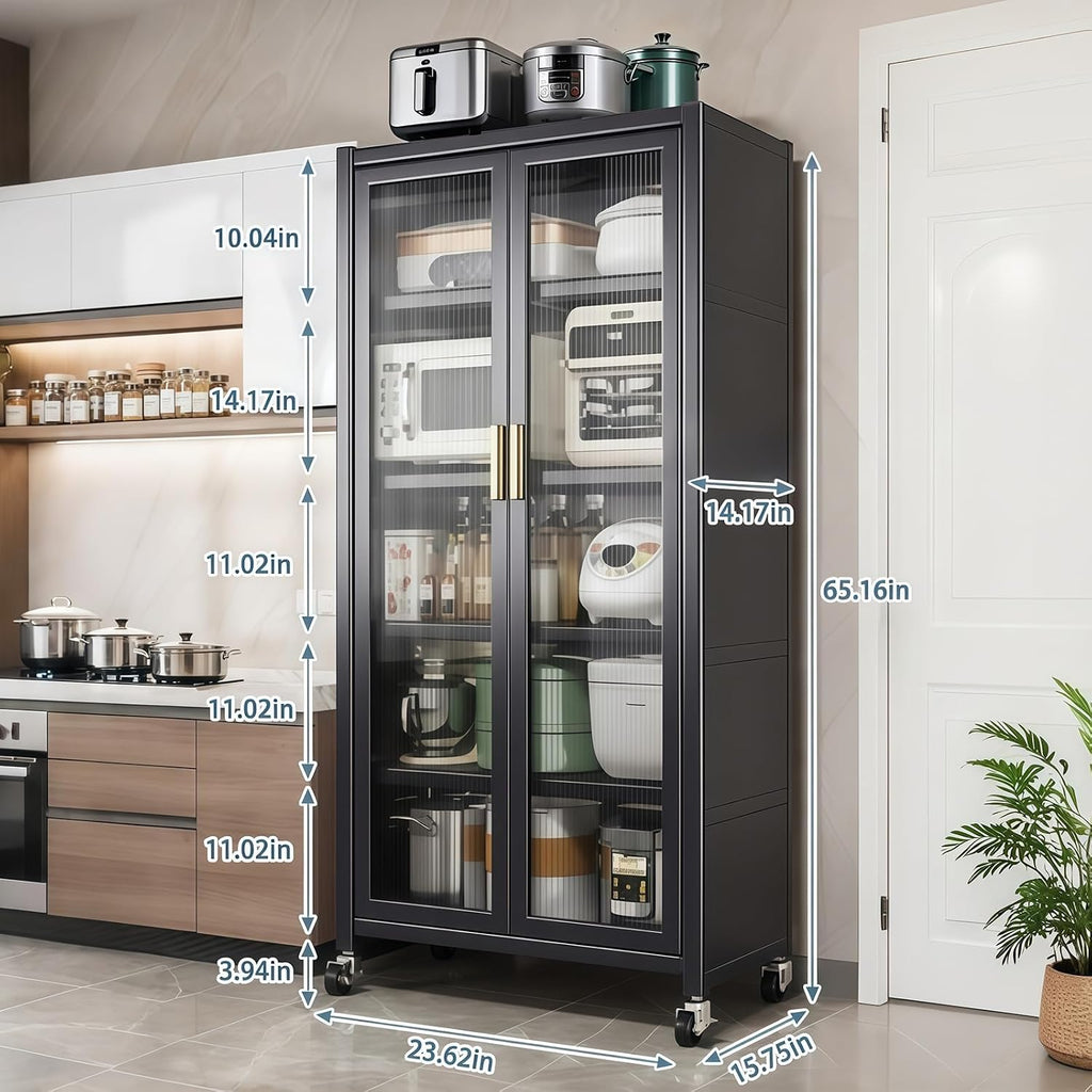 65' Kitchen Pantry Storage Cabinet, 6 Tier Metal Display Storage Cabinet with Transparent Door, Adjustable Shelves & Wheels, Food Pantries Cabinets, for Kitchen, Living Room