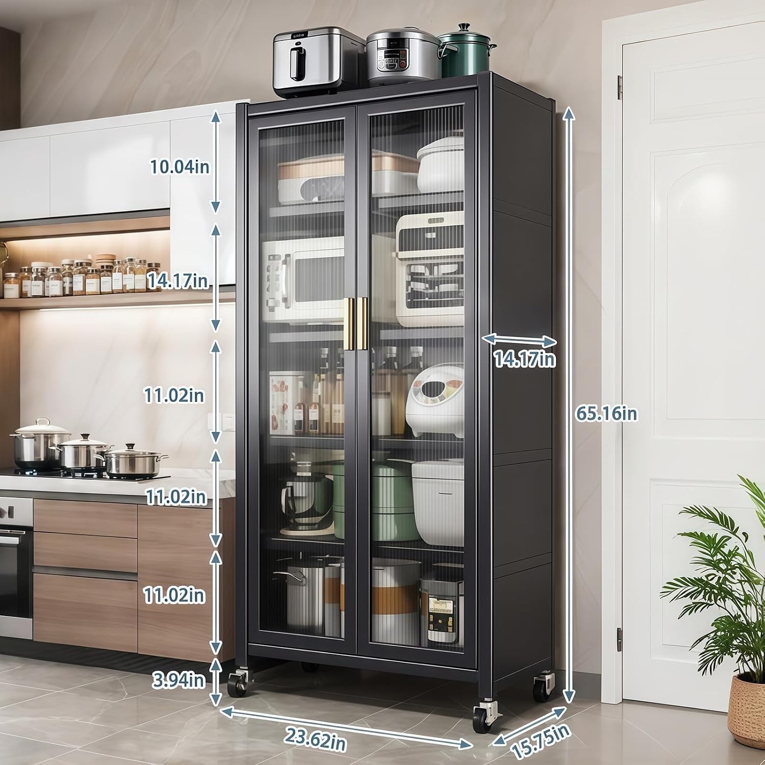 65' Kitchen Pantry Storage Cabinet, 6 Tier Metal Display Storage Cabinet with Transparent Door, Adjustable Shelves & Wheels, Food Pantries Cabinets, for Kitchen, Living Room