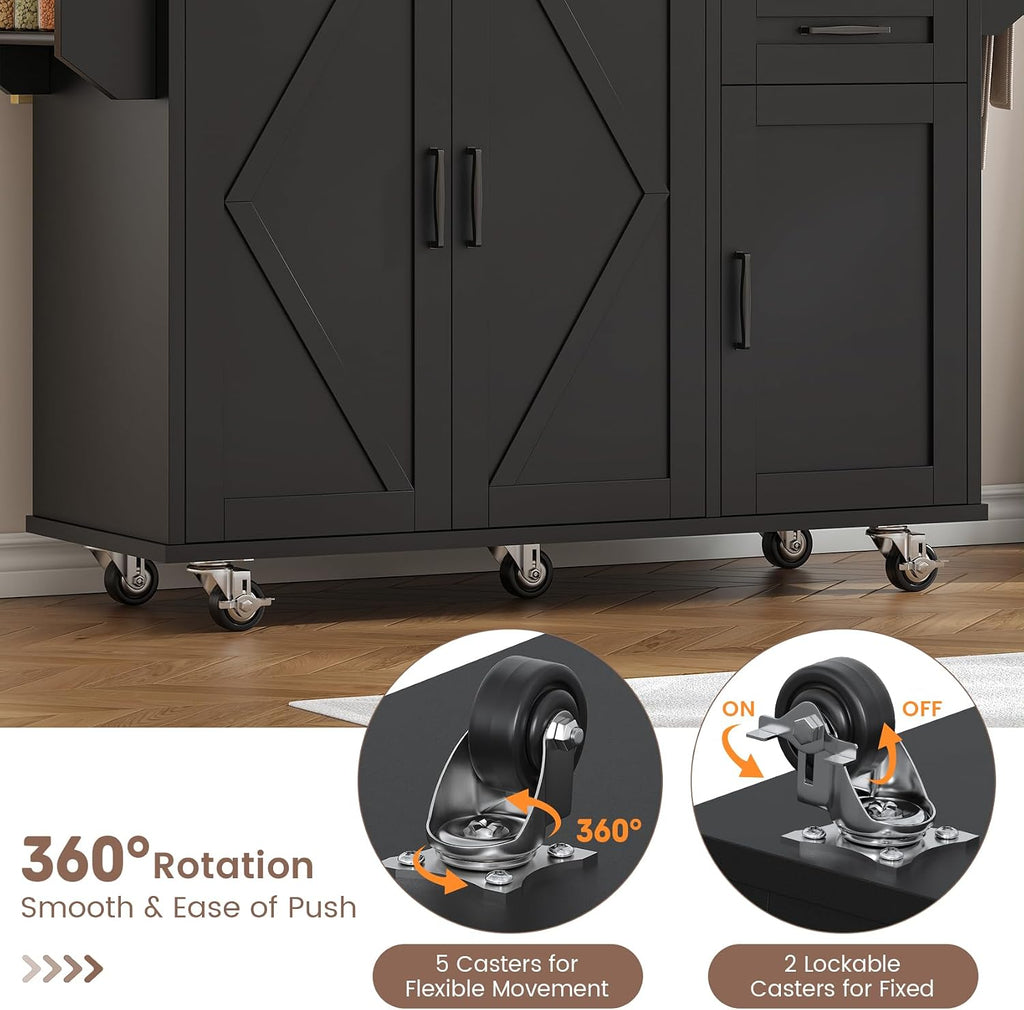 VVFLU Rolling Kitchen Island On Wheels, Kitchen Island Cart with Drop Leaf Countertop, Barn Door Kitchen Island Table with Storage Cabinet and 2 Drawer, 5 Wheels, Towel Rack and Spice Rack, Black