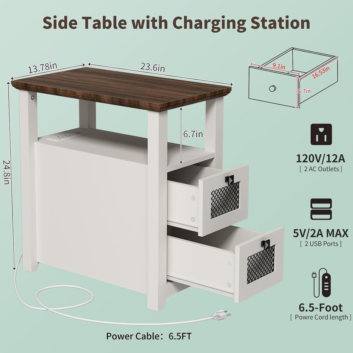 HDDDZSW Farmhouse XXL End Table with Charging Station, Narrow Side Table with USB Ports and Outlets, Nightstand with 2 Drawers Storage, Bedside Tables for Living Room, Bedroom, Rustic Walnut White