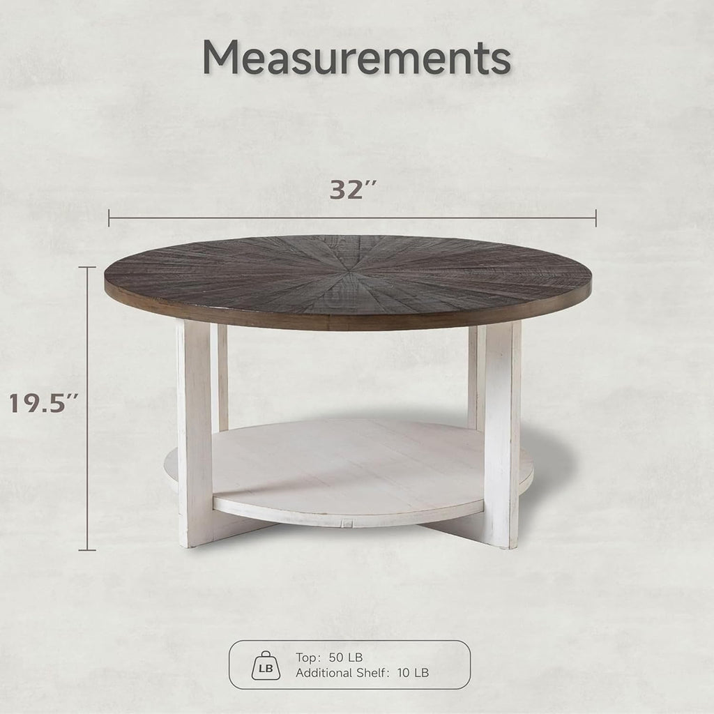 Round Wood Coffee Tables with Storage, Rustic Farmhouse Coffee Table with Distressed Wood Top, Large Circle Table for Living Room, Brown, 32Dx32Wx19.5H in