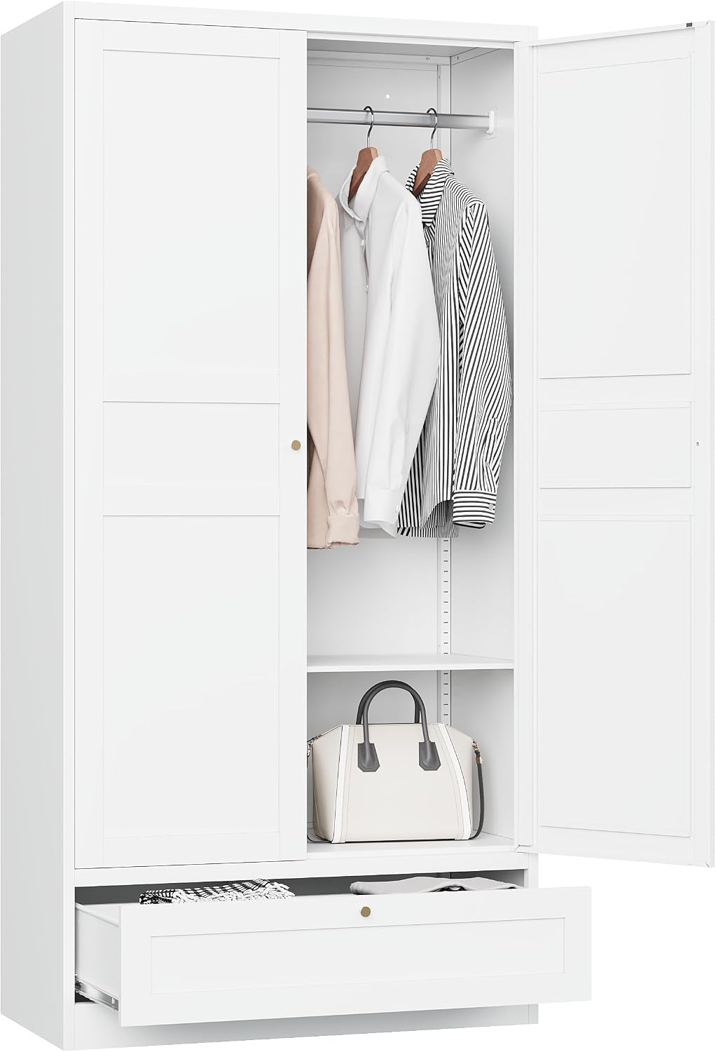 MIIIKO Wardrobe Closet with Drawer, 2 Doors Clothes Cabinet, 72' Metal Storage Cabinets with Hanging Rod, Bedroom Armoires Laundry Room and Office Clothes Storage Organizer Cabinets