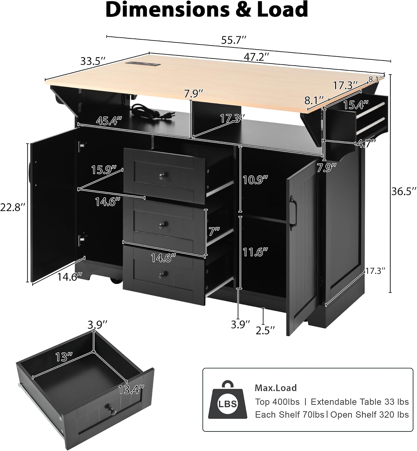 Merax 55.7' Upgraded Large Kitchen Cart Island on Wheels with 2 Drop Leaf,Power Outlet,3 Drawers,Wood Frame Storage Cabinet