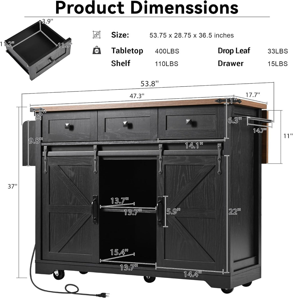 Bellemave 53.7' Farmhouse Kitchen Island cart with Charging Station, Rolling Kitchen Island Table with Drop-Leaf, 3 Drawers, Barn Doors, Large, Black