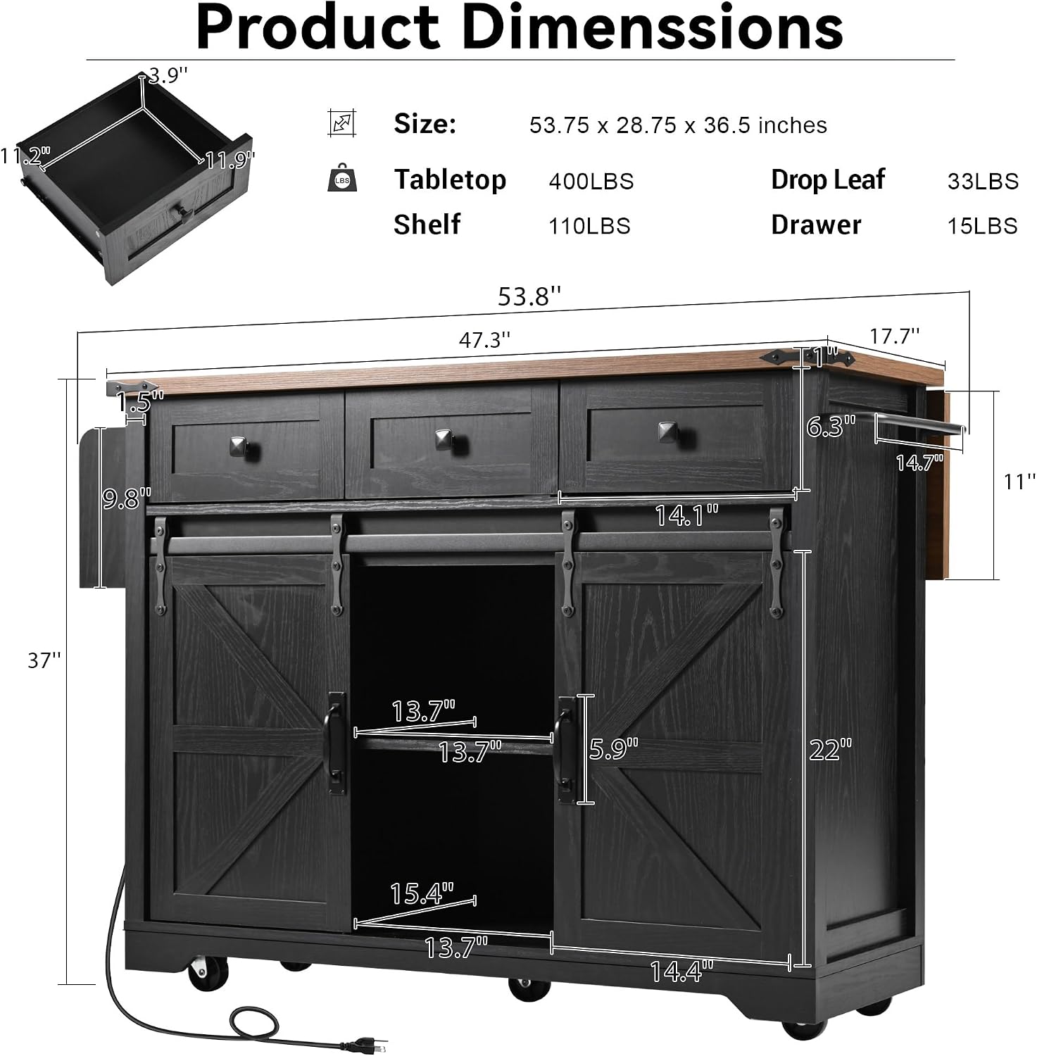Bellemave 53.7' Farmhouse Kitchen Island cart with Charging Station, Rolling Kitchen Island Table with Drop-Leaf, 3 Drawers, Barn Doors, Large, Black