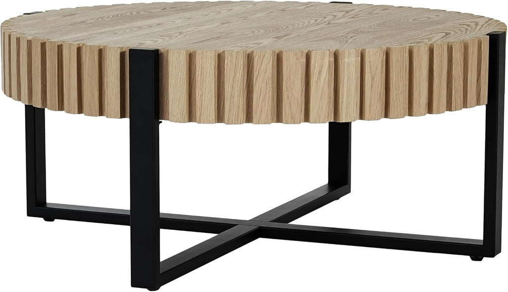 Christopher Knight Home Sol 31.5'' Modern Round Coffee Table, Indoor Living Room Side Table, Wooden End Table with Cross Metal Base, Unique Gear Motifs and Fluted Edges, Black + Natural