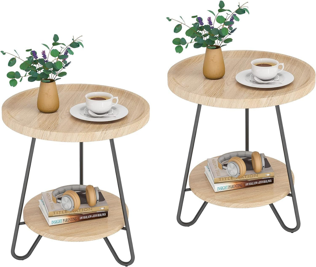 Tribesigns Set of 2 Round Side Table, 2-Tier End Table with Metal Legs, Modern Industrial Beside Table, Small Accent Table Snack Table for Living Room, Bedroom, Small Space, Wood Color