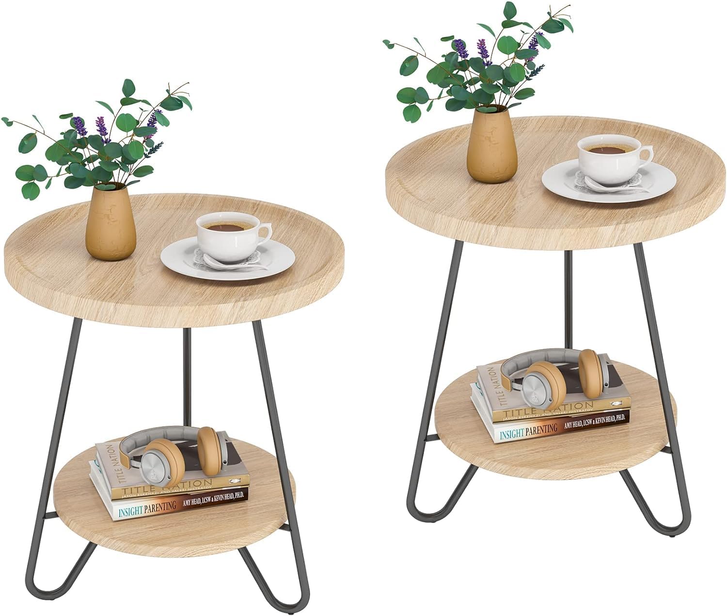 Tribesigns Set of 2 Round Side Table, 2-Tier End Table with Metal Legs, Modern Industrial Beside Table, Small Accent Table Snack Table for Living Room, Bedroom, Small Space, Wood Color