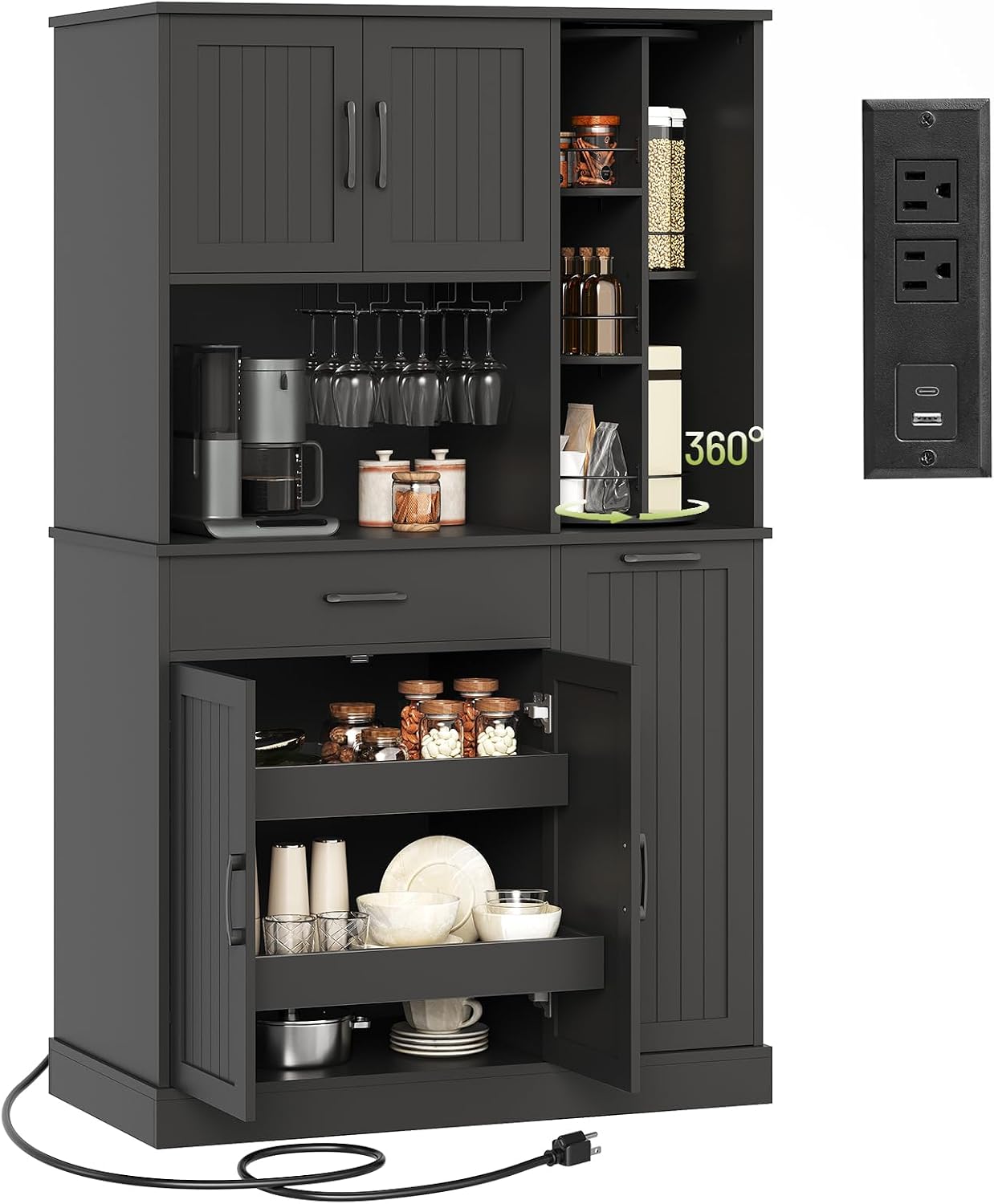 Pantry Cabinet, 67.7' Tall Kitchen Pantry Storage Cabinet with 360° Rotating Shelf & 2 Pull-Out Racks, Freestanding Kitchen Hutch with Charging Station & Drawer, for Dining Room, Black