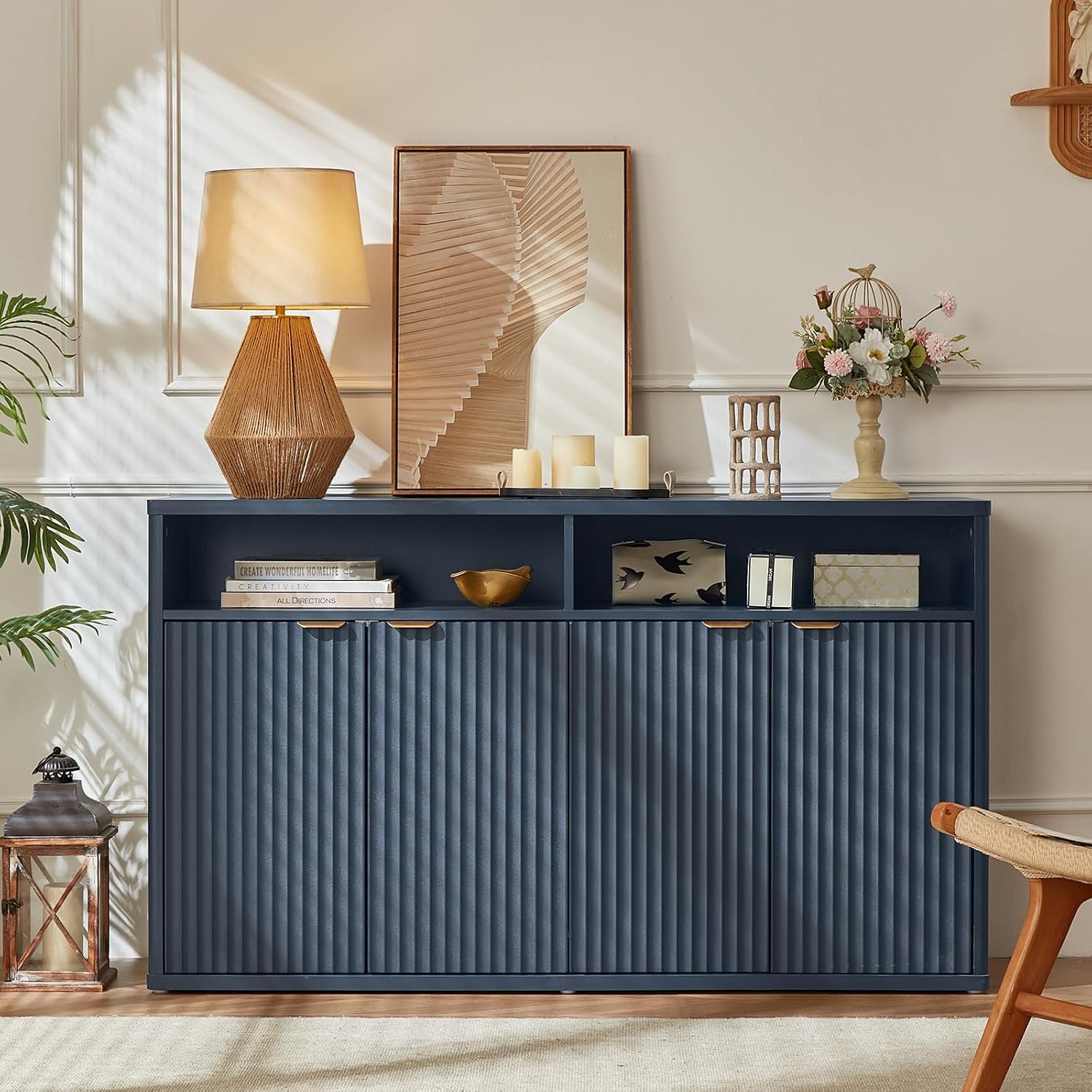 LEYAOYAO Fluted Buffet Cabinet with Storage, 55' Wide Wood Sideboard Credenza with 4 Doors & Open Storage Shelf, Modern Kitchen Console Accent Cabinets, Coffee Bar Table for Dining Room, Dark Blue