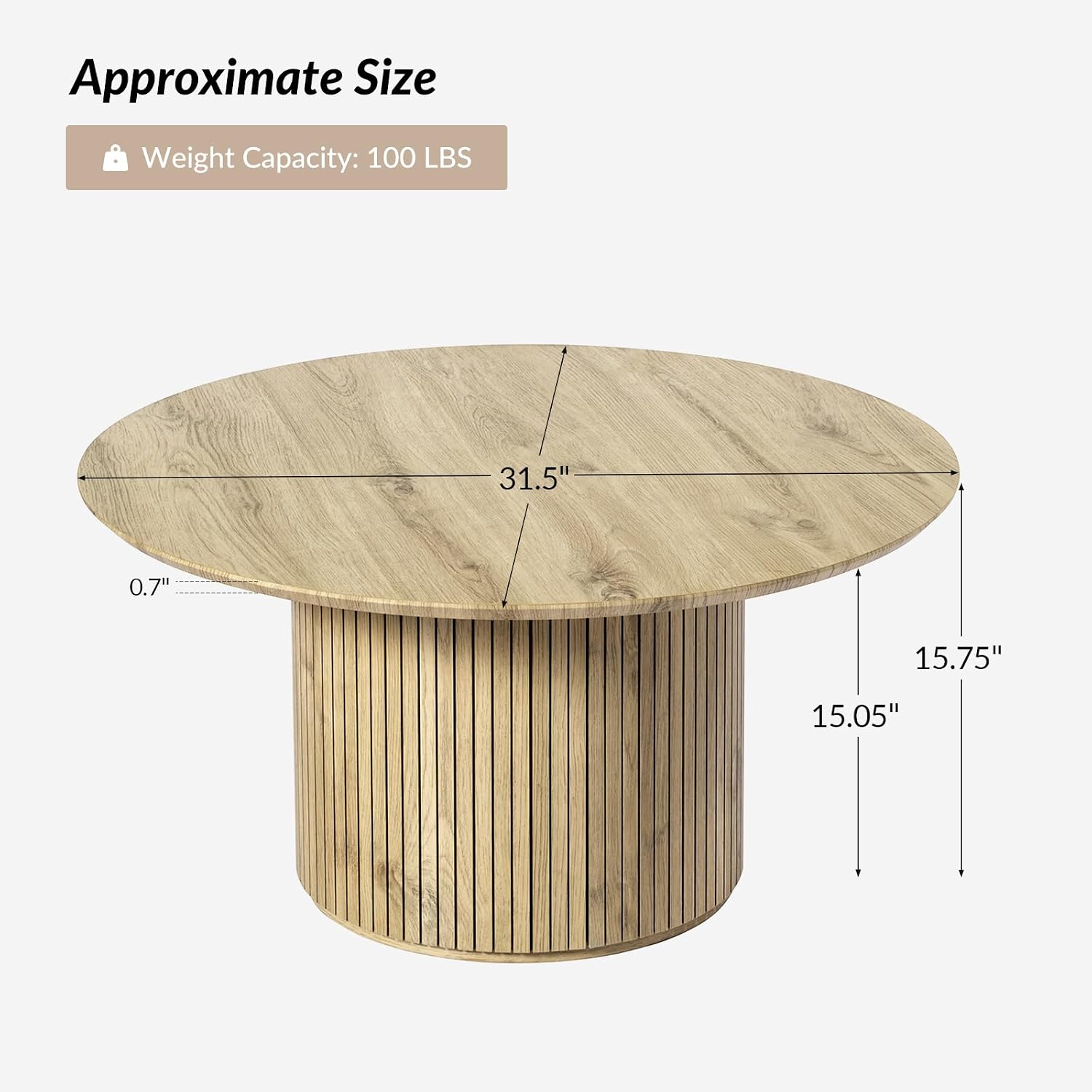 HULALA Home Round Coffee Table, Wood Coffee Table with Vertical Slat Base, Modern Coffee Table for Living Room and Lounge Room,Oak