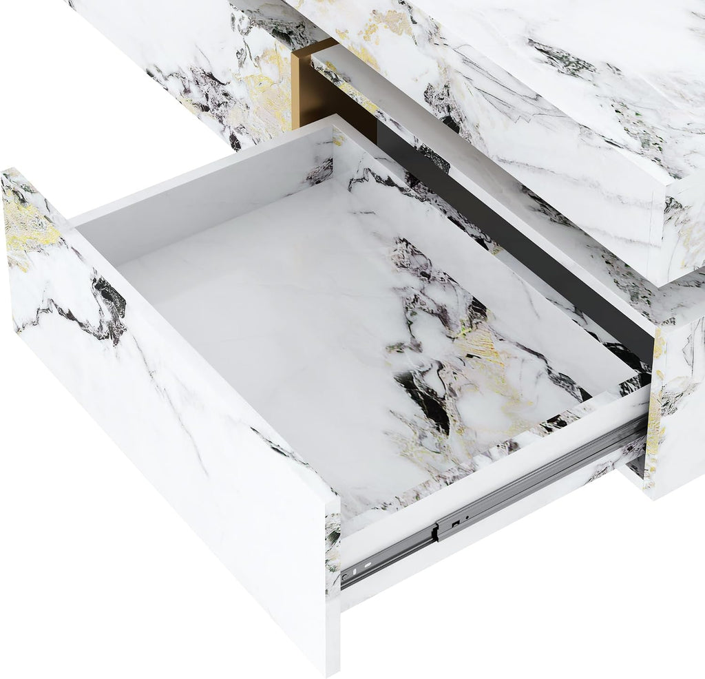 Merax 43.3 Inch Modern Large Square Coffee Table with Marble Textured Top, 4 Built-in Drawers Ample Storage and Floating Suspended Base, Modern Elegance White MDF Storage Center Table for Living Room