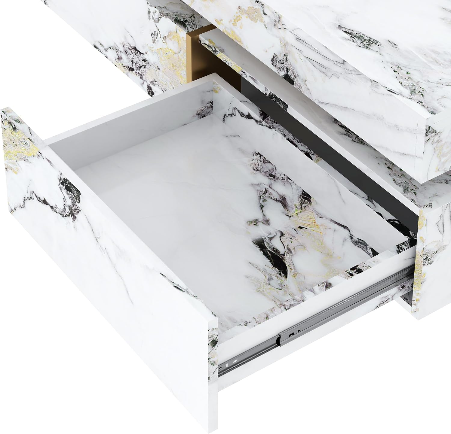 Merax 43.3 Inch Modern Large Square Coffee Table with Marble Textured Top, 4 Built-in Drawers Ample Storage and Floating Suspended Base, Modern Elegance White MDF Storage Center Table for Living Room