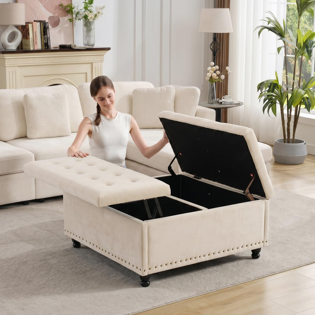 Tbfit Large Square Storage Ottoman Bench, Tufted Upholstered Coffee Table Ottoman with Lift Top & Wooden Legs, Oversized Storage Ottomans Toy Box for Living Room (Beige Velvet)