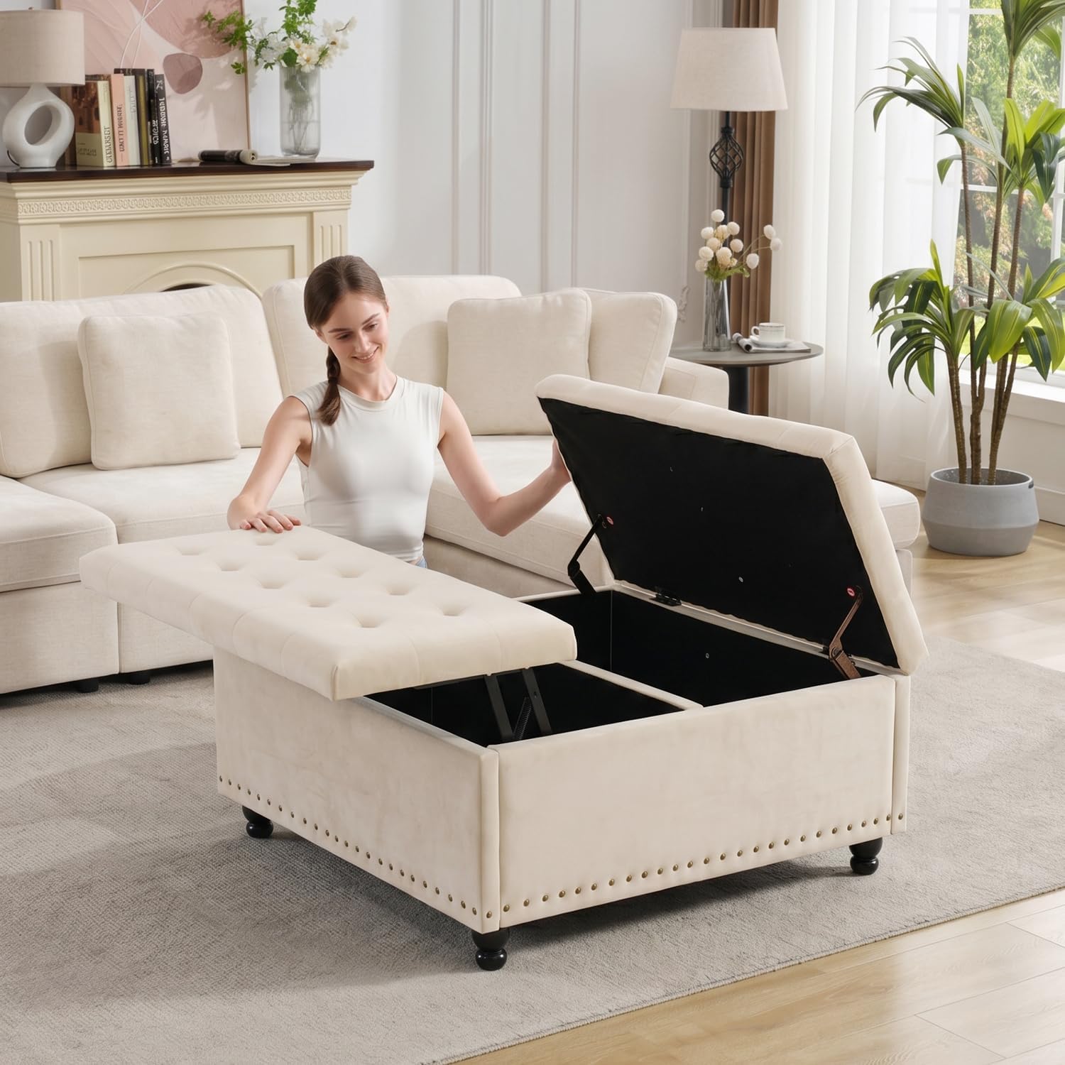 Tbfit Large Square Storage Ottoman Bench, Tufted Upholstered Coffee Table Ottoman with Lift Top & Wooden Legs, Oversized Storage Ottomans Toy Box for Living Room (Beige Velvet)