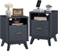 T4TREAM Fluted Nightstand Set of 2 with Charging Station, 18' Modern SideTable with Faux Marble Top, 2 Drawer End Table w/Storage, Bedside Table for Bedroom, Living Room, Curved Profile, Dark Grey