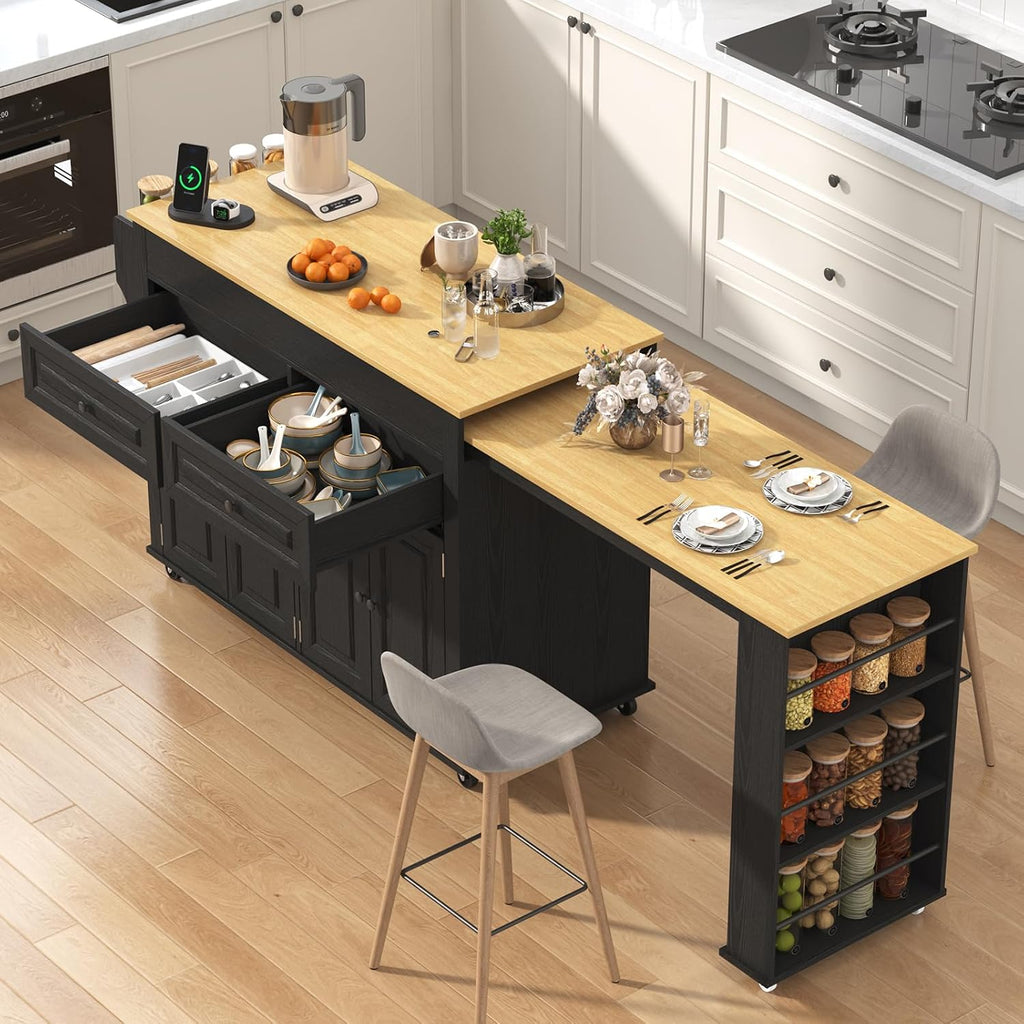 80'-48' Extendable Kitchen Island with Extended Dining Table and Power Outlet,Large Mobile Kitchen Storage Islands with 2 Storage Drawers,Rolling Islands Cart with 3 Extra Rows Open Shelves(Black)